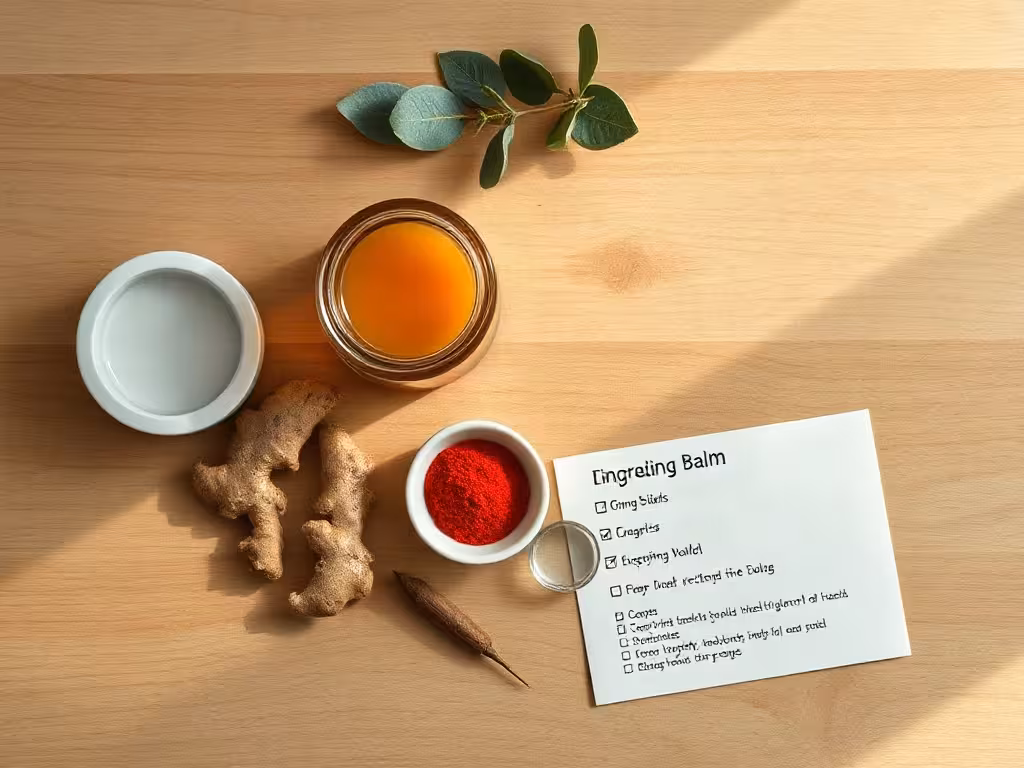 Composition d’un baume chauffant pour l’arthrose avec plantes et actifs sensoriels.