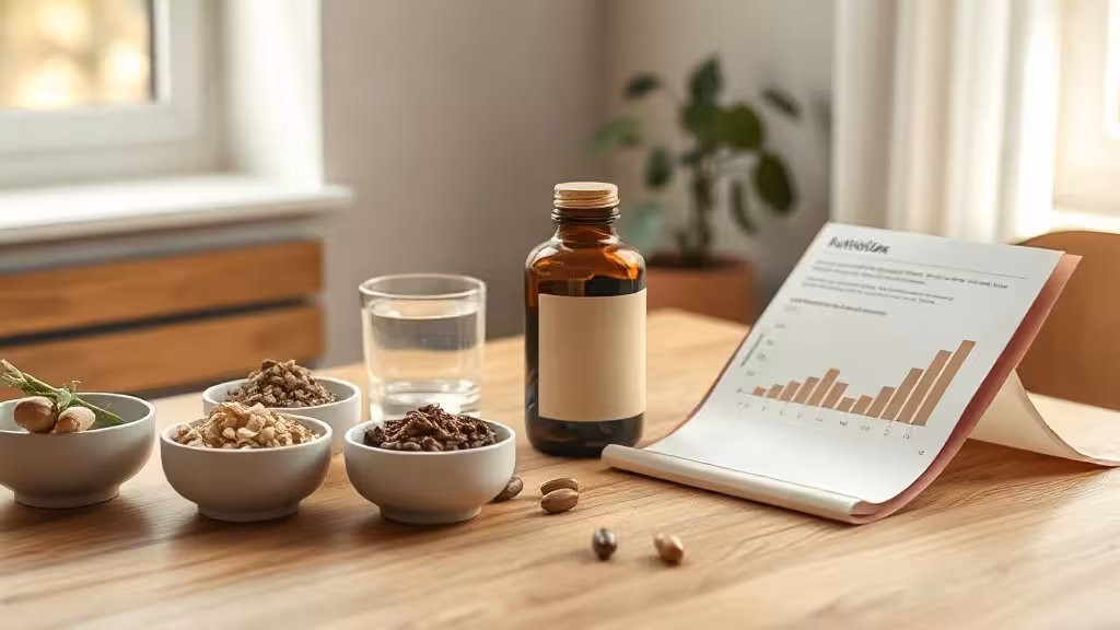 Composition et effets secondaires de GlucoTrust présentés avec flacon neutre et ingrédients botaniques.