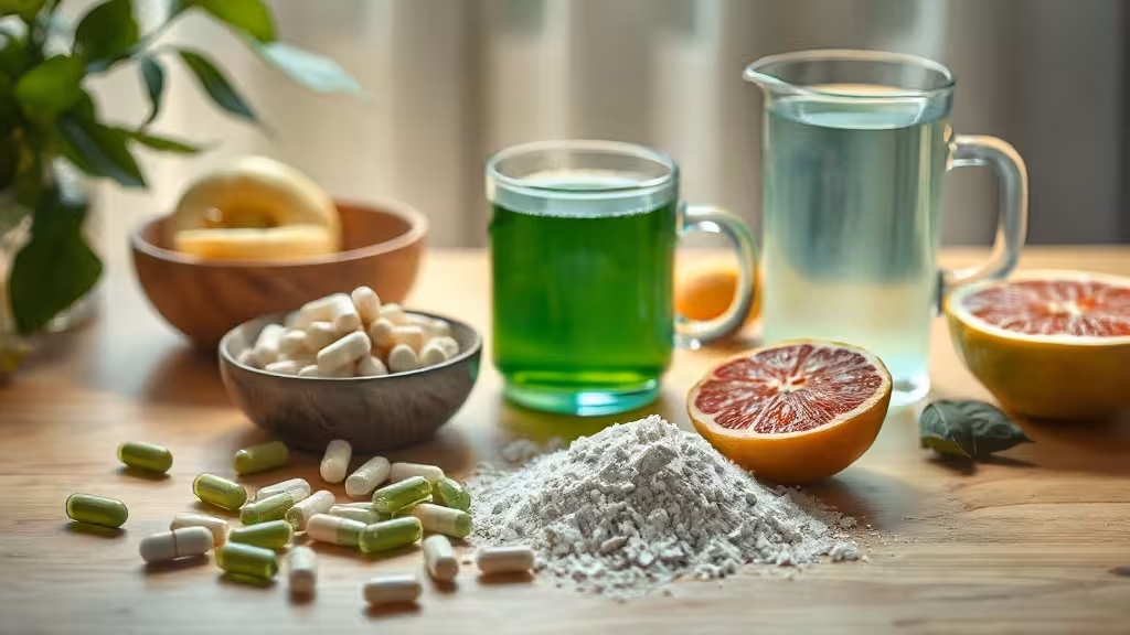 Sélection de compléments minceur présentée avec du konjac, du thé vert et des aliments frais.