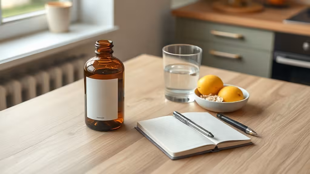 Avis Slimlex : complément alimentaire posé sur une table de cuisine avec eau et aliments simples