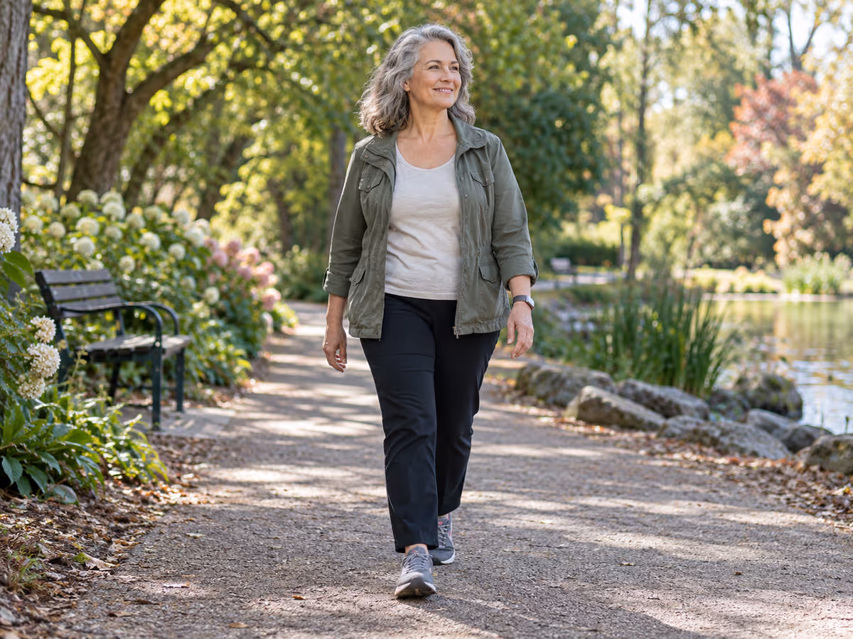 Une femme marche sur un chemin de parc.