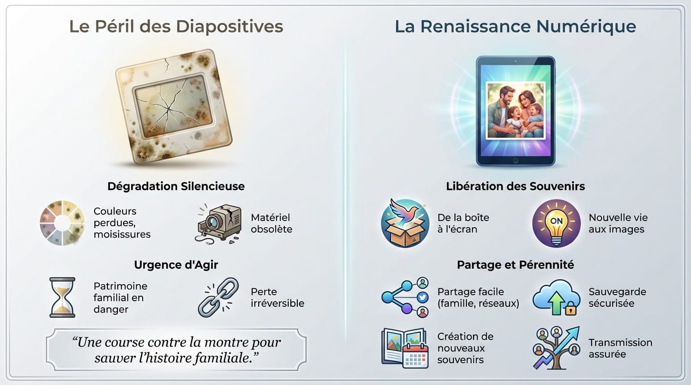 Vieilles diapositives éparpillées illustrant la fragilité des souvenirs analogiques face au temps