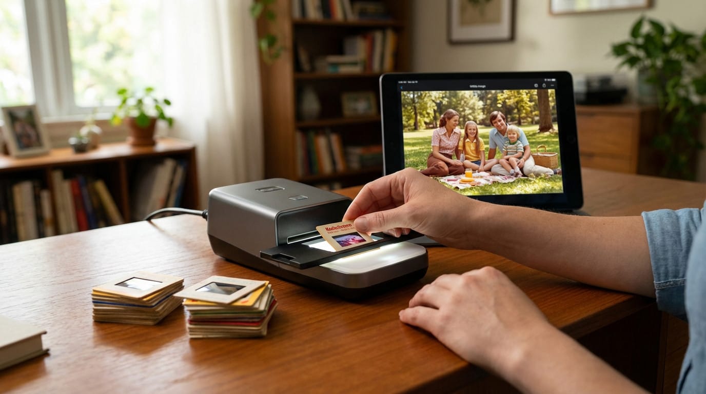 Anonymous hand digitizing old photographic slides on a warm wooden desk. A tablet shows a family memory, stacks of slides nearby.