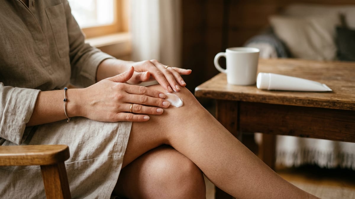 mains appliquant une crème sur un genou douloureux, tube posé sur une table en bois