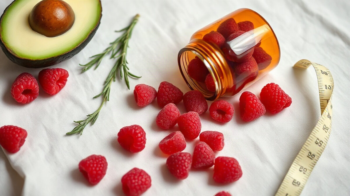 gummies keto BHB et vinaigre de cidre posés près de framboises et d'un demi-avocat